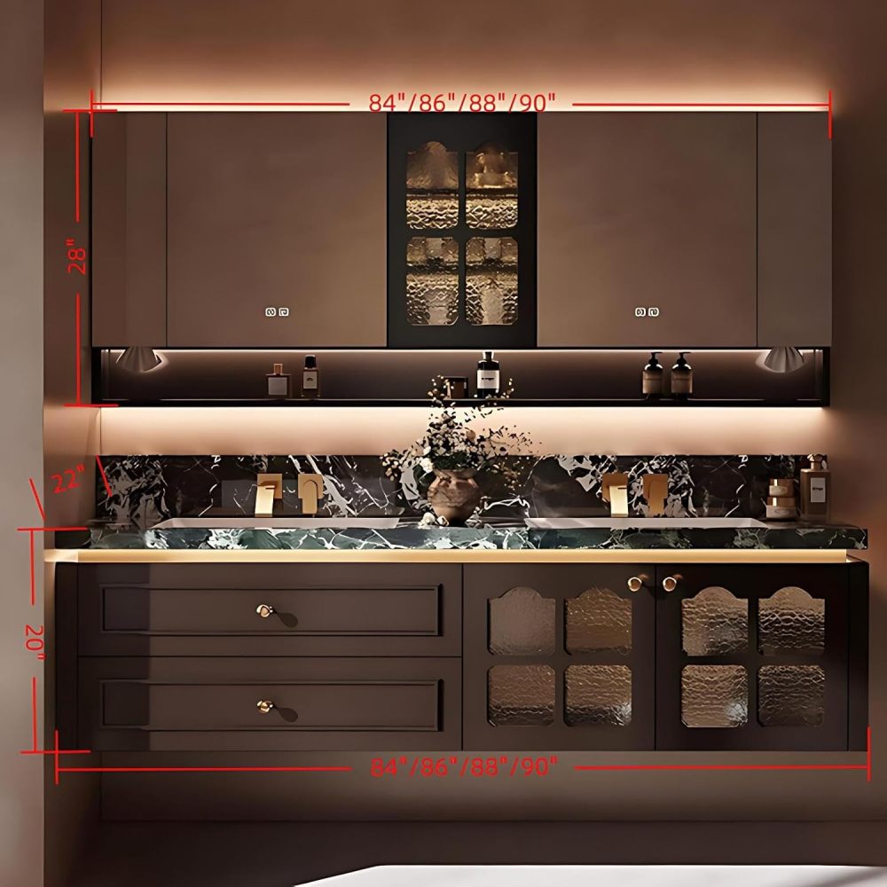 84IN Double Sink Bathroom Vanity - Floating Bathroom Vanity with Smart LED Defogger Mirror & Marble Countertop, Large Storage Cabinet with Glass Door, Includes Accessories, Brown