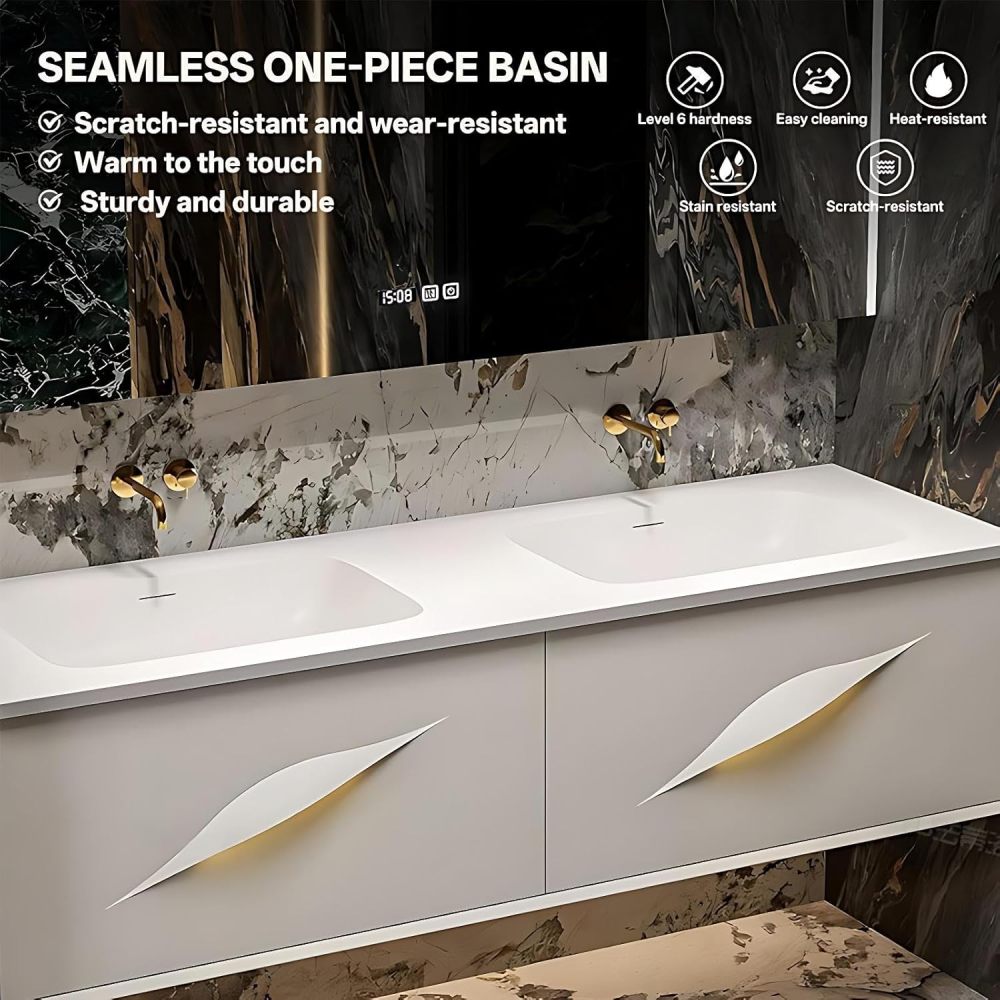 60IN Bathroom Vanity with Sink - Modern Bathroom Vanities Includes Smart Defogging Mirror Cabinet, Large Countertop and One-Piece Sink, Includes Accessories, Customizable, White