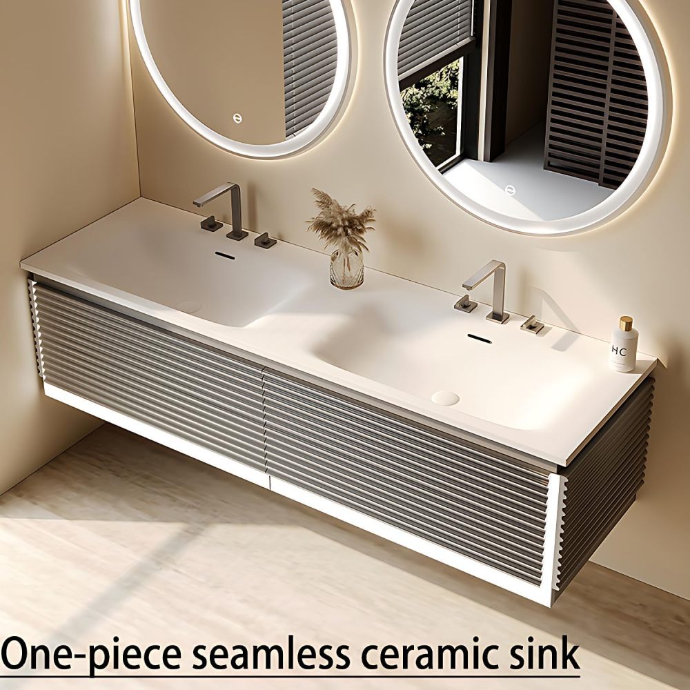 Modern Bathroom Vanity with Sink - Elegant Double Sink Bathroom Vanity Set, Wall-Mounted Bathroom Sink Cabinet with Intelligent LED Defog Mirror, Solid Wood Floating Vanity (88")