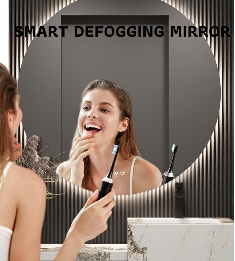 80IN Bathroom Vanity with Sink - Freestanding Bathroom Vanity with Marble Sink, Smart Defogger Round Mirror, Solid Wood, Unique Design, Open Shelves, Includes Accessories, Wood Shelf