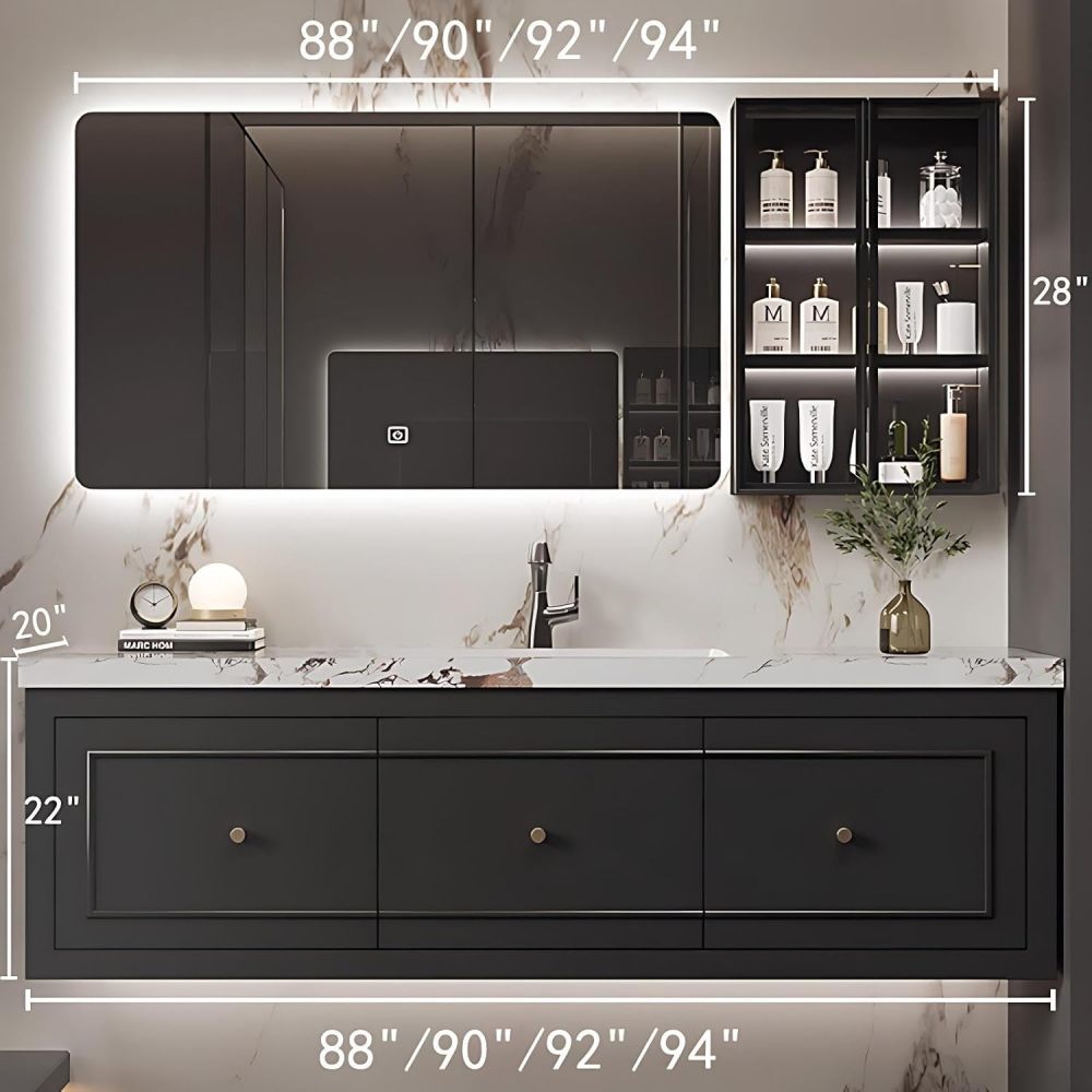 92IN Bathroom Vanity with Sink - Modern Bathroom Vanity with 3 Large Capacity Drawers, Solid Wood Sink Cabinet with Smart Defog Mirror, Customizable Size, No Assembly Required, Black