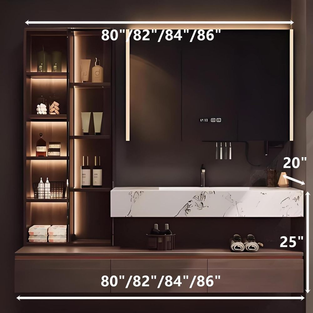82IN Bathroom Vanity - Modern Bathroom Vanity Set with Seamless Sink & Smart LED Defog Mirror, Floating Sink with Storage Drawers & Side Cabinet, No Assembly Required, Mirror Cabinet