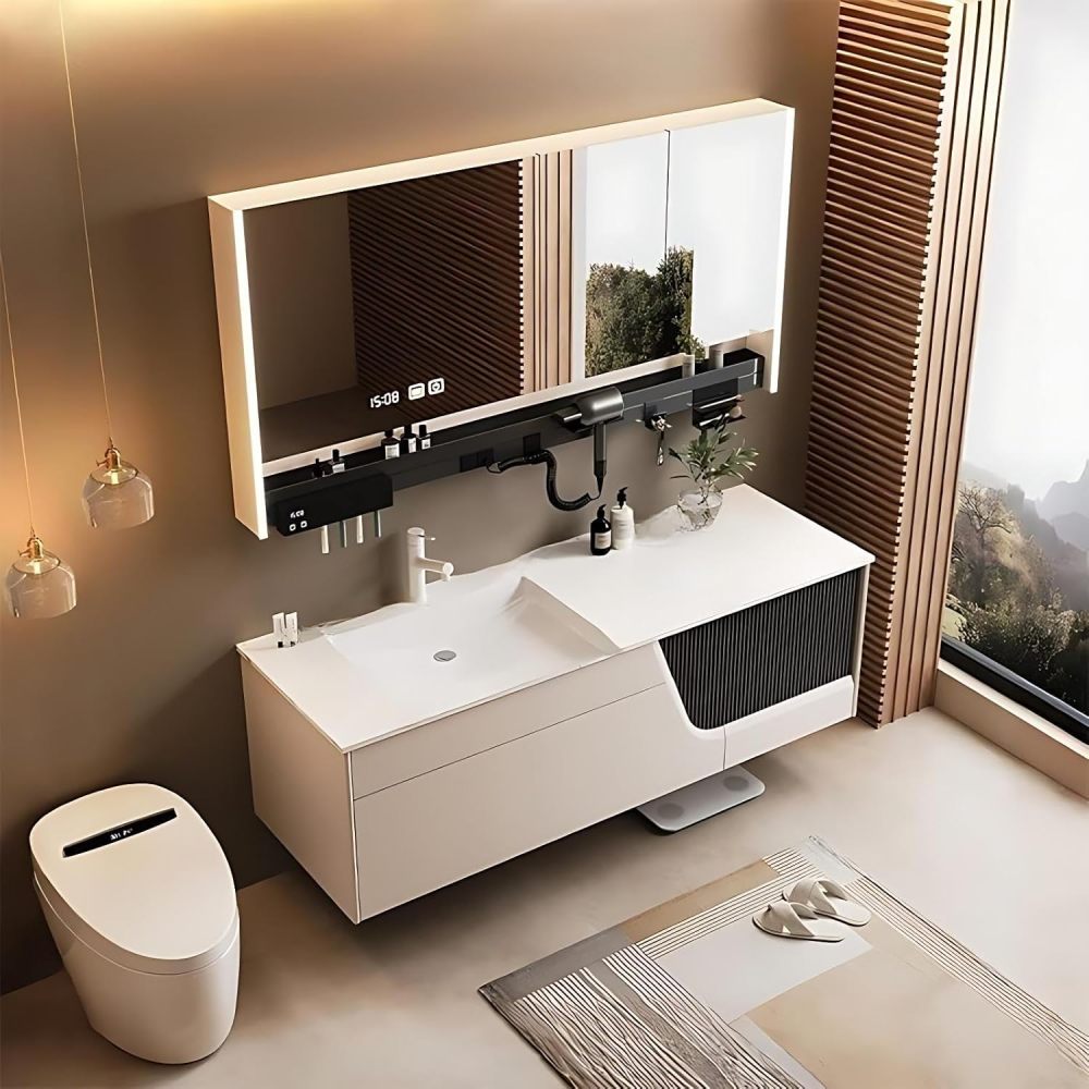 66IN Bathroom Vanity - Single Sink Vanity, Solid Wood, Striped Drawers, Includes Smart LED Mirror Cabinet and Storage Rack, Complete Accessorie, Fully Assembled, White