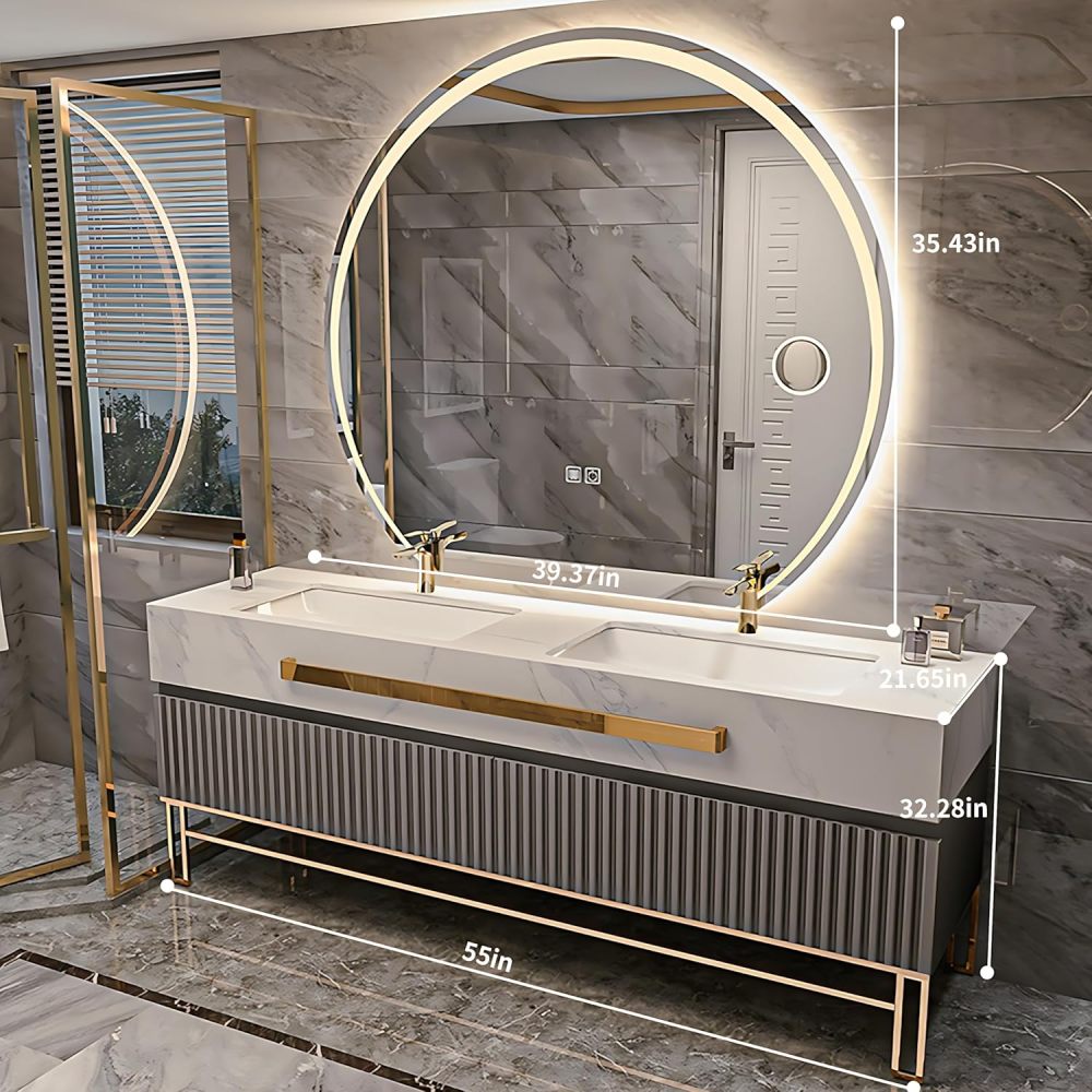 Bathroom Vanity with Sink - Modern Double Sink Bathroom Vanity Cabinet & LED Defog Mirror, Floating Vanity with Multi-Layer Solid Wood Material, Faucet Accessories Included (55")