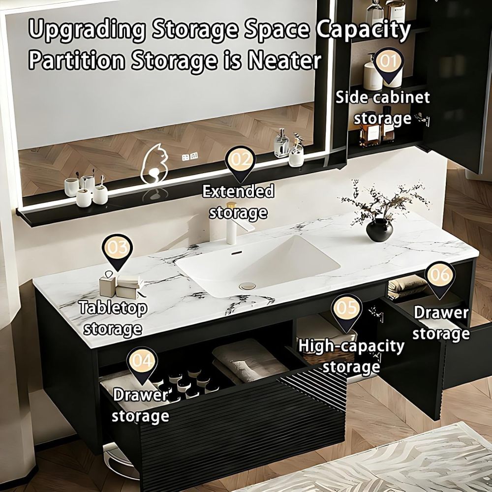 40IN Bathroom Vanity - Modern Bathroom Vanity with Seamless Sink and Smart Defog Mirror, Solid Wood Floating Sink with Multiple Storage Areas, Complete Accessories, Black