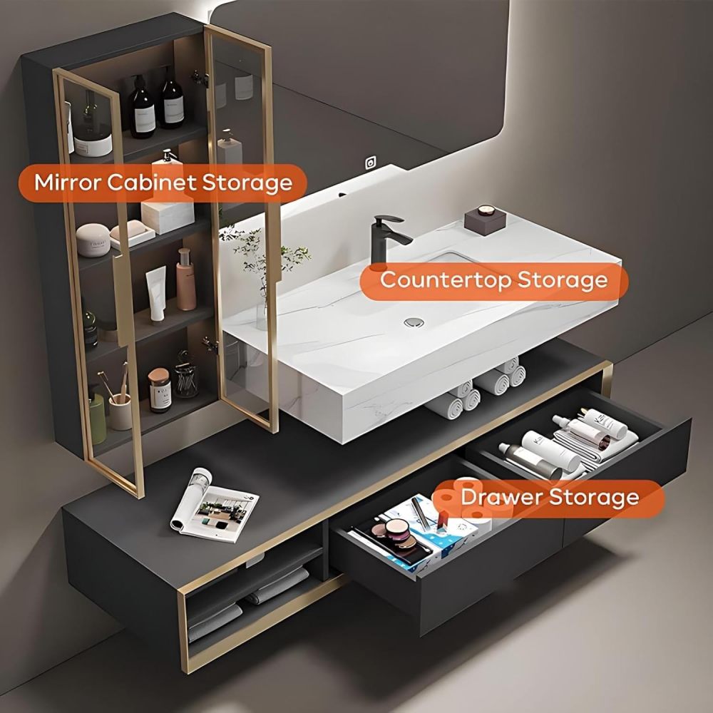 60IN Bathroom Vanity - Solid Wood Bathroom Vanity Set Includes Smart Defog LED Mirror and Side Glass Cabinet with Ambient Lights, Complete Accessorie, Fully Assembled, Brown
