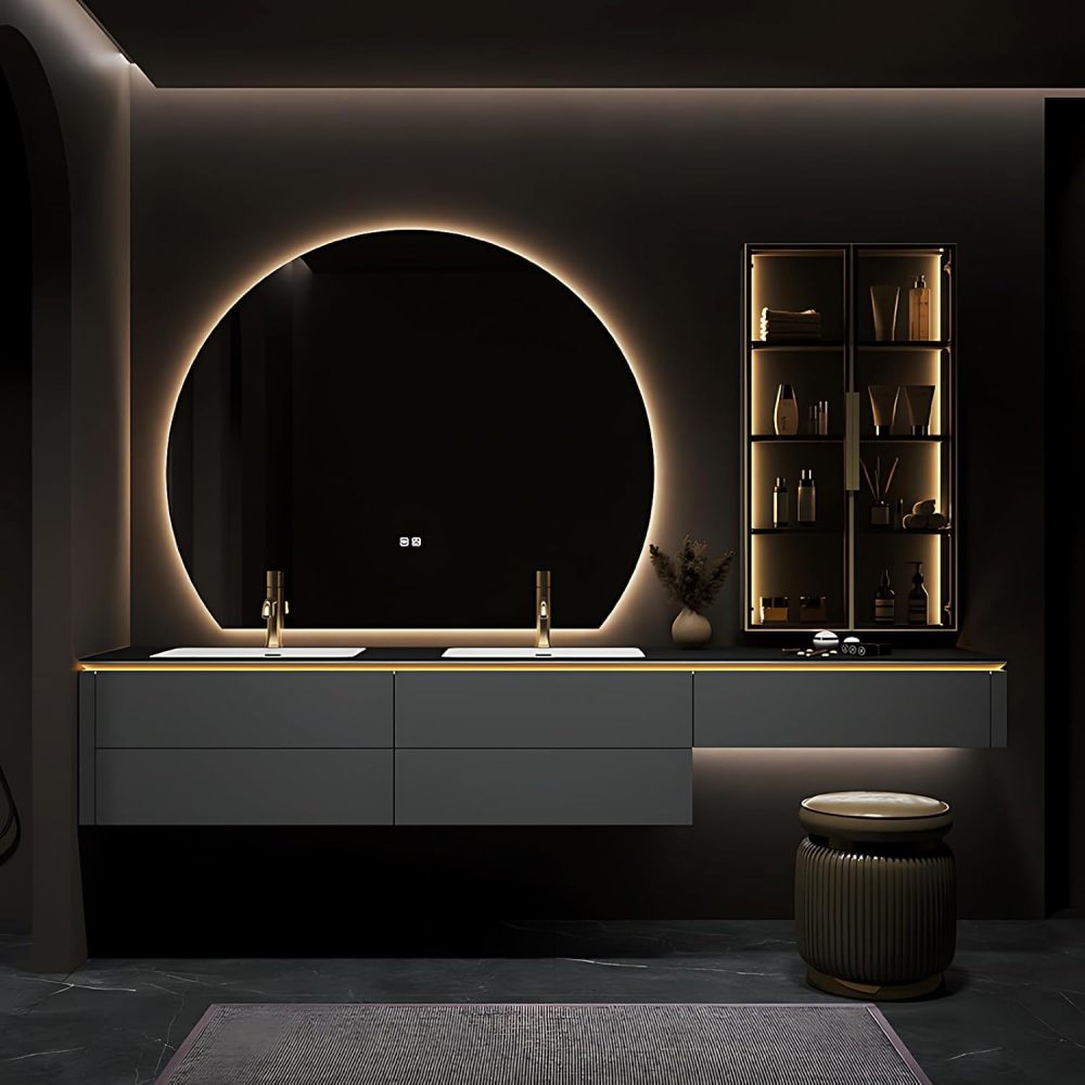 Bathroom Vanity with Sink - Double Sink Bathroom Vanity Cabinet Set, Modern Floating Vanity & LED Demister Mirror, Wall Mounted, with Faucet Accessories (56",Dark Green)