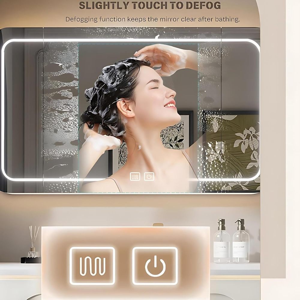 60IN Double Sink Bathroom Vanity - Elegant Bathroom Vanities with LED Smart Defogging Mirror Cabinet and One-Piece Sink, Motion Sensor Light, Solid Wood, Complete Accessorie, White