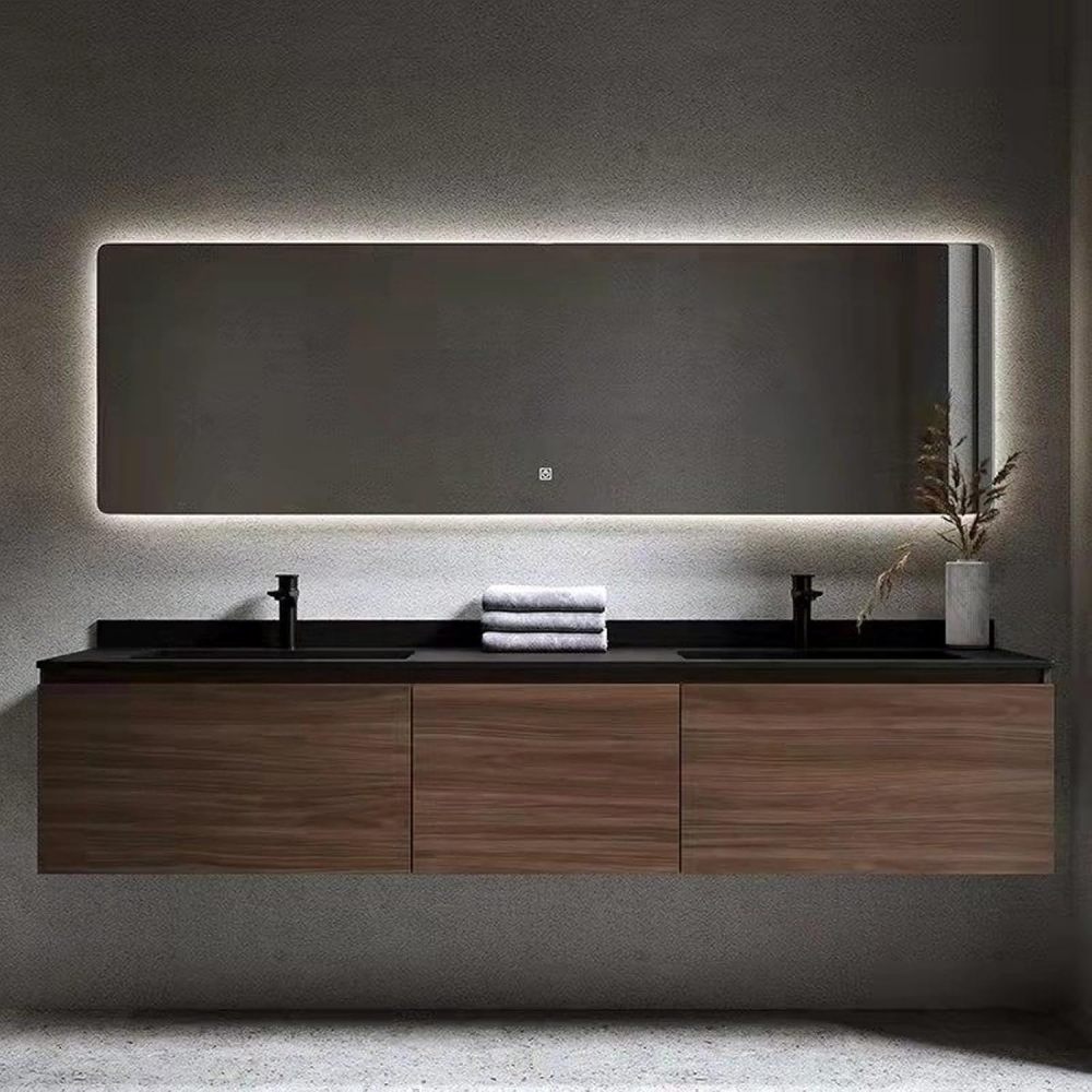 90IN Modern Bathroom Vanity with Sink - Double Floating Sink Design, Bathroom Vanity Cabinet with Smart Defogging Mirror & Storage Drawers, Solid Wood - Customizable Size, Brown