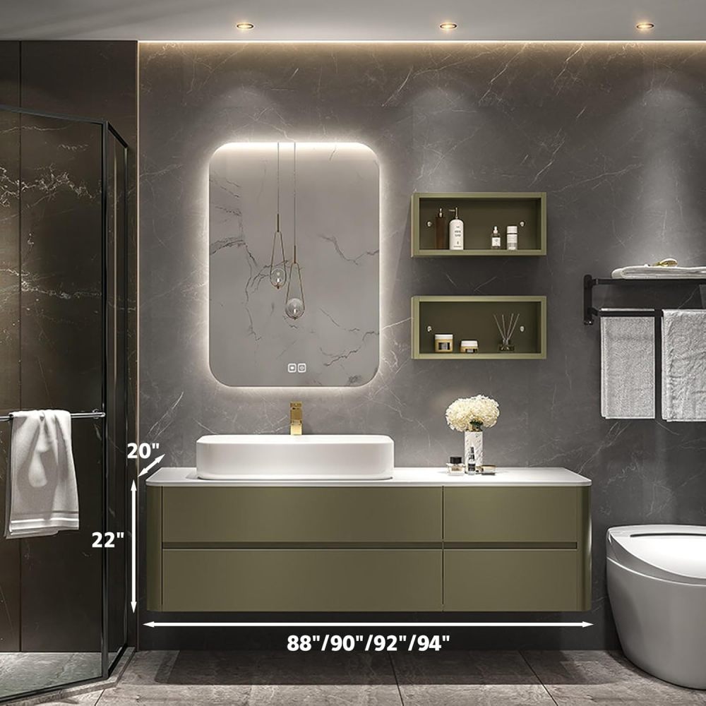 94IN Solid Wood Bathroom Vanity with Sink - Modern Single Floating Sink, Bathroom Vanity Cabinet with Smart Anti-Fog Mirror, 4 Drawers, Moisture-Resistant - Customizable Sizes, Green