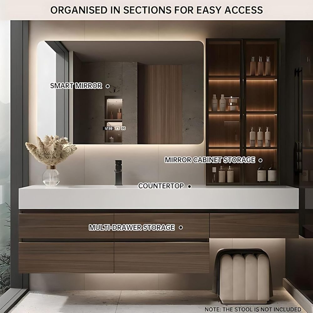 96 inch Bathroom Vanities Sink Set - Floating Bathroom Vanity with Single Sink, Makeup Area & Smart Defog Mirror & Glass Side Cabinet, Includes Accessories & Stool, Brown