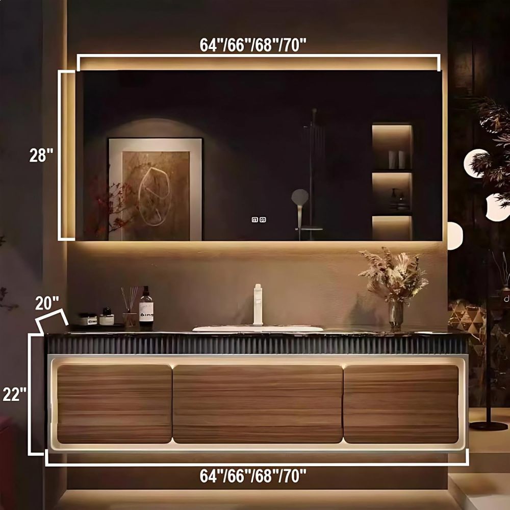 Luxury 70IN Bathroom Vanity with Sink - Floating Single Sink Bathroom Vanity Cabinet & Defogger Mirror Set, Large Storage Drawer Motion-Sensor Lighting, Solid Wood Material