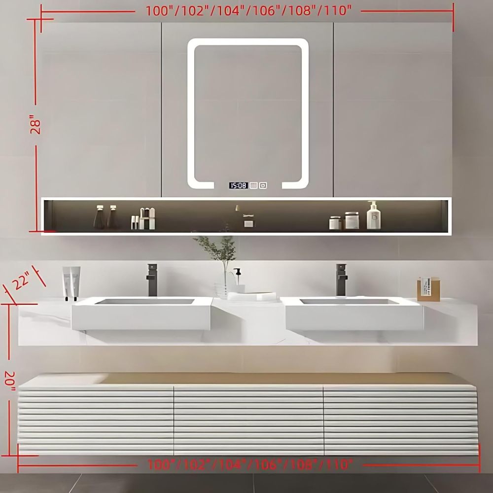 108IN Double Sink Bathroom Vanity - Floating Bathroom Vanity with Mirror Cabinet, Sink Cabinet with One-Piece Countertop, Unique Countertop, Solid Wood, Complete Accessorie, White