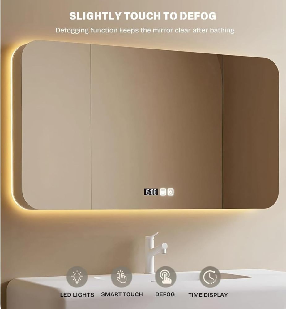 94 inch Wall-Mount Bathroom Sink Vanity - Floating Bathroom Vanity with LED Smart Defog Mirror Cabinet, Solid Wood, Seamless Countertop, Striped Drawers, Include Accessories, Apricot