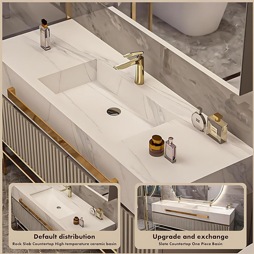 76IN Freestanding Bathroom Vanity - Bathroom Vanity with Sink & Smart LED Makeup Defogger Mirror, Soft-Closing Drawer, Complete Accessorie, Fully Assembled, Grey
