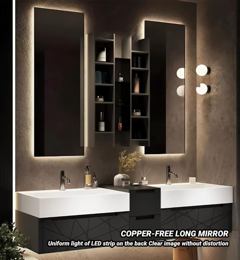 68IN Double Bathroom Vanity with Sink - Modern Bathroom Vanity Set with LED Smart Defogging Mirror and Open Storage Cabinet, Solid Wood, Complete Accessorie, Dark Grey
