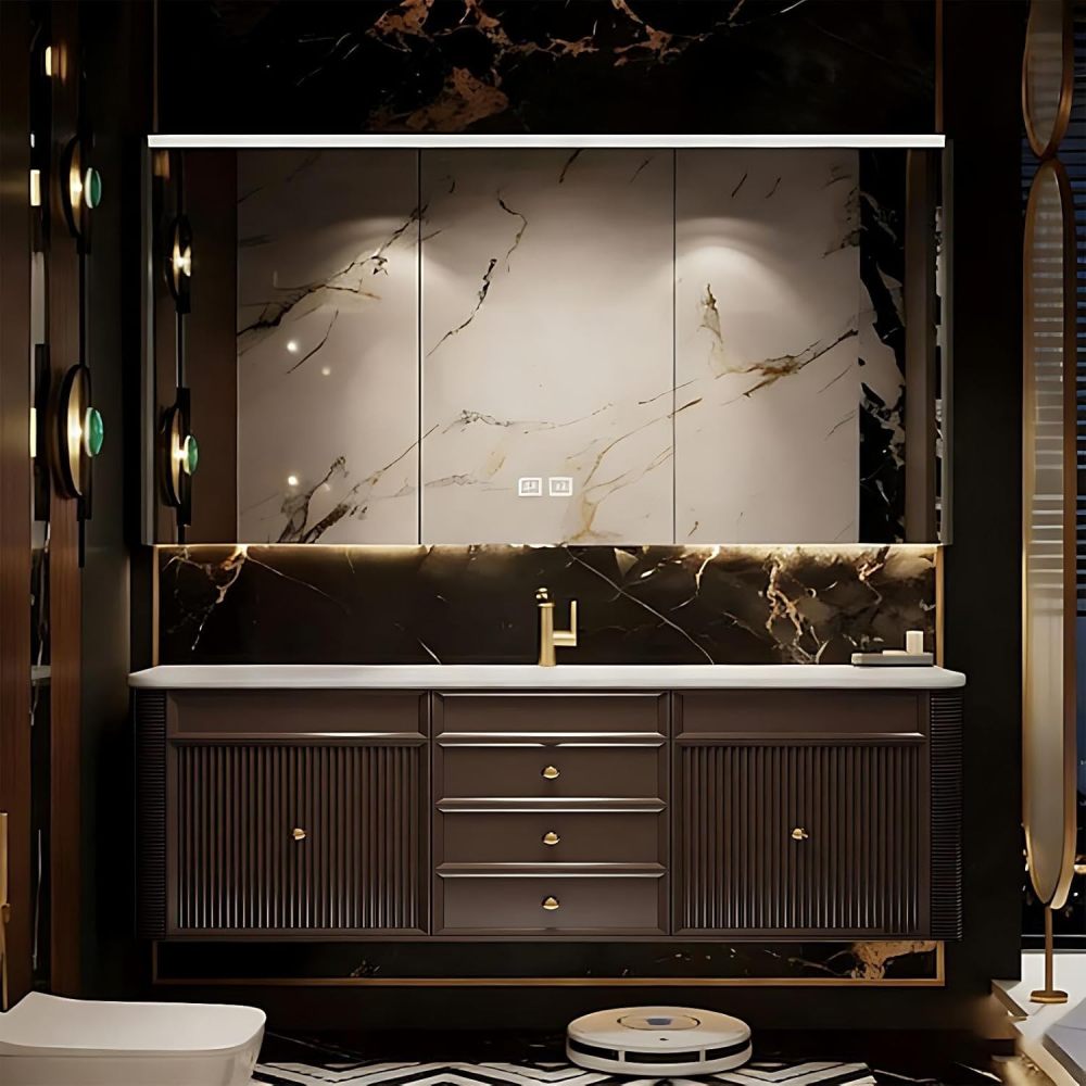 52IN Double Sink Bathroom Vanity - Modern Bathroom Vanity with Sink and Smart Defog Mirror, Solid Wood Bathroom Sink Cabinet with 3 Drawers, No Assembly Required, Khaki