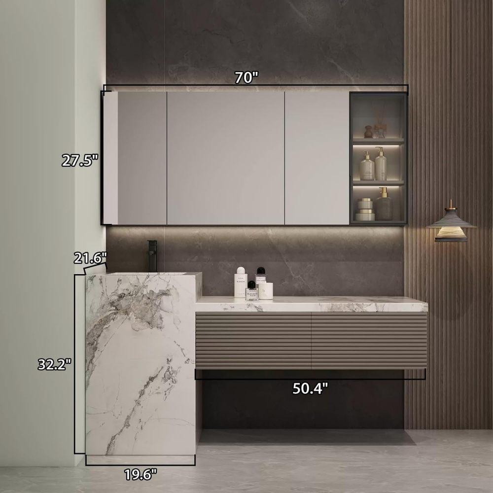 70IN Bathroom Vanity with Sink - Bathroom Vanity Cabinet with Smart Defog Mirror, Floor-Standing Vanity, Multilayer Solid Wood, Custom Complete Accessories, Mirror Cabinet