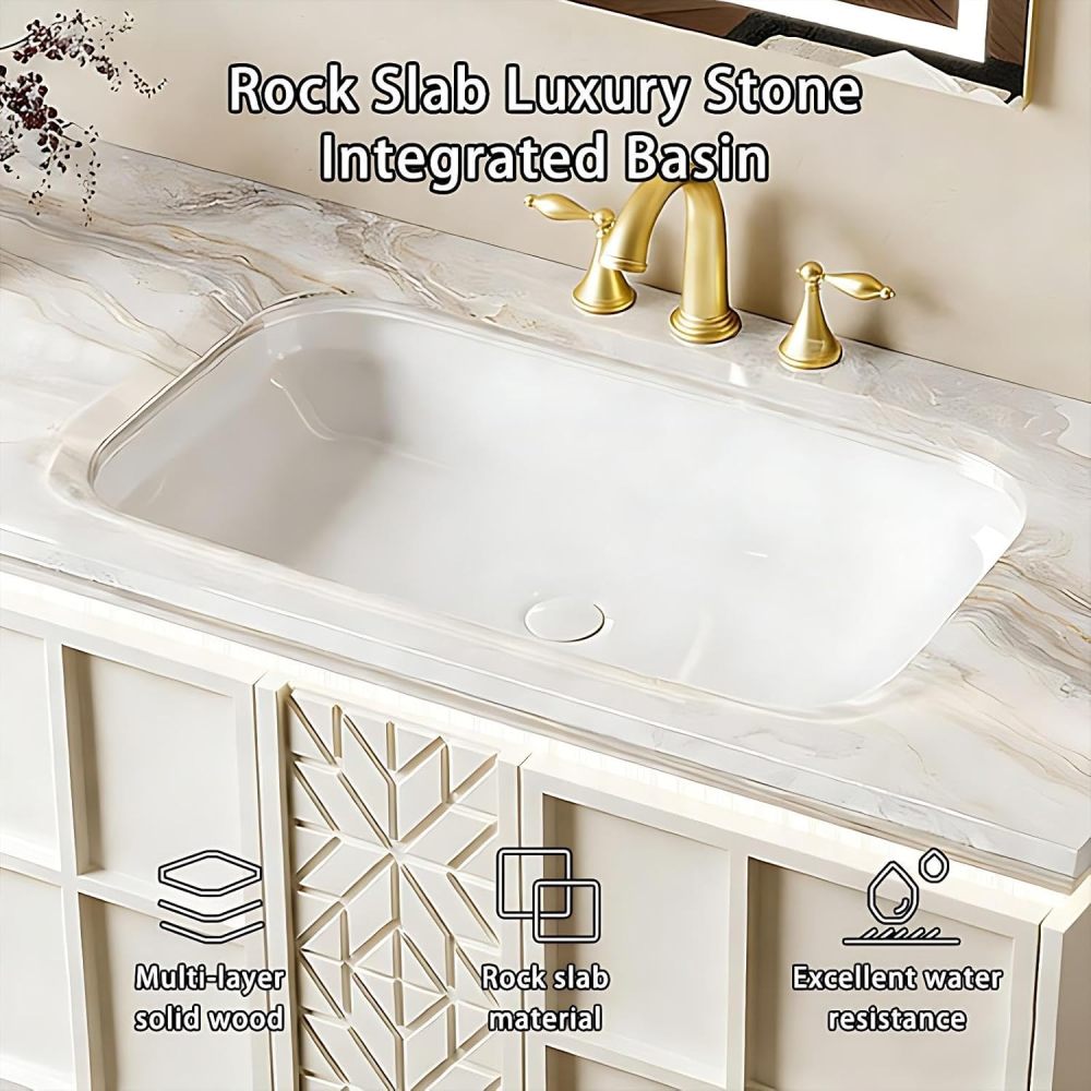64IN Double Sink Bathroom Vanity - Modern Bathroom Vanity with Smart Defog Mirror, Floating Bathroom Sink Cabinet with Seamless Sink and 2 Drawers, No Assembly Required, Grey