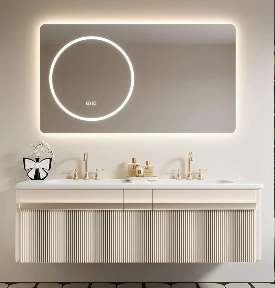98 inch Double Sink Bathroom Vanity - Bathroom Vanity with Smart Defogging Mirror, Floating Storage Sink Cabinet with Ambient Light, Includes Accessories, Beige