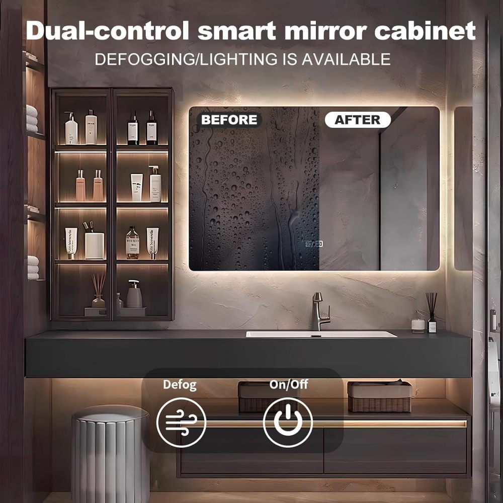 96IN Bathroom Vanity with Sink - Modern Vanity with Square Smart Defog Mirror & LED Glass Side Cabinet, Large Countertop, Includes Makeup Stool & Accessories, Walnut