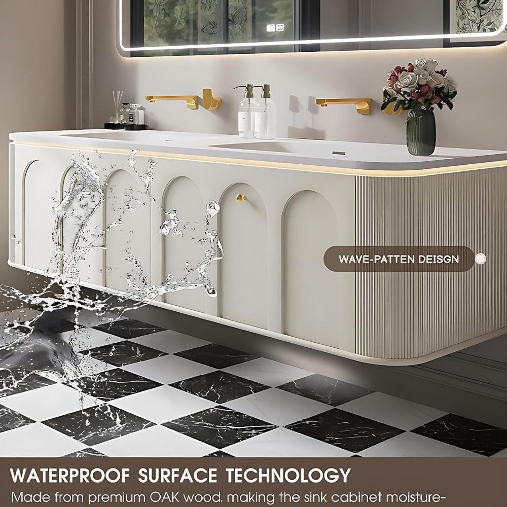 60IN Double Sink Bathroom Vanity - Elegant Bathroom Vanities with LED Smart Defogging Mirror Cabinet and One-Piece Sink, Motion Sensor Light, Solid Wood, Complete Accessorie, White