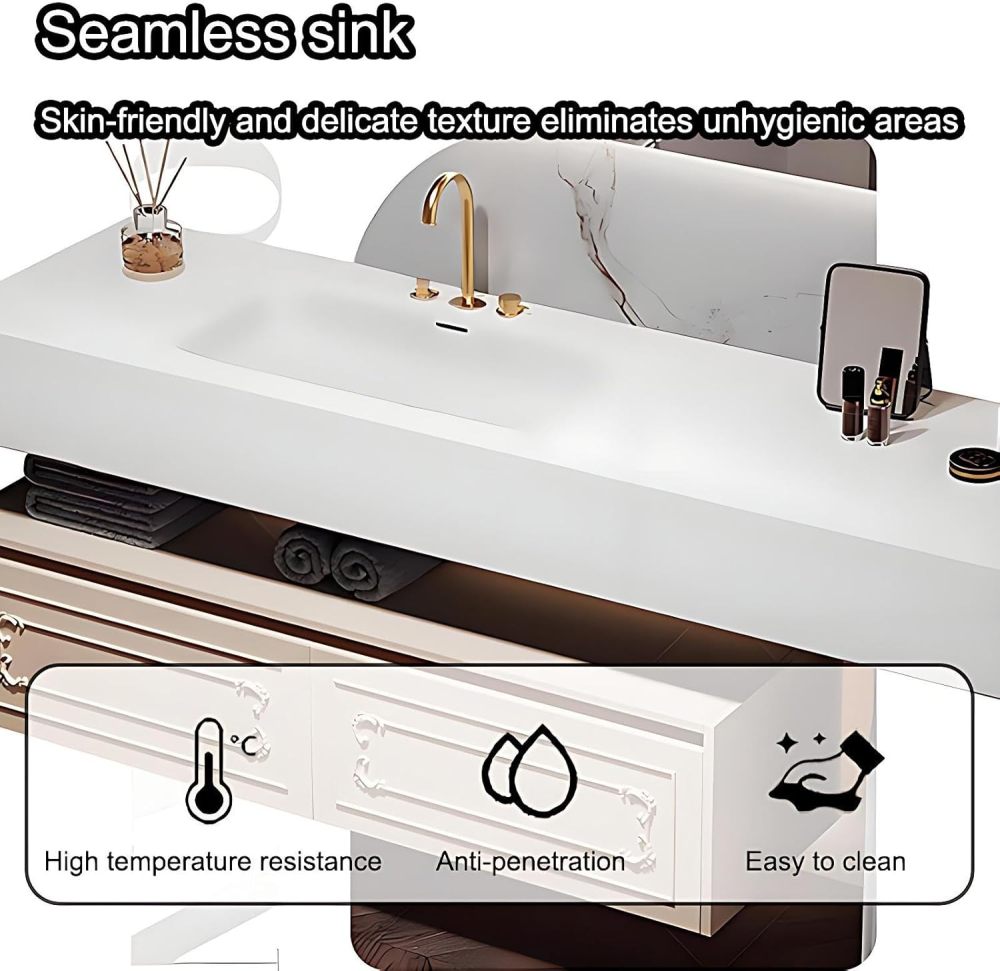 60IN Double Sink Bathroom Vanity - Luxury Bathroom Vanity with Smart Defog Mirror, Floating Sink Cabinet with Multiple Storage Areas, Includes Makeup Stool, No Assembly Required