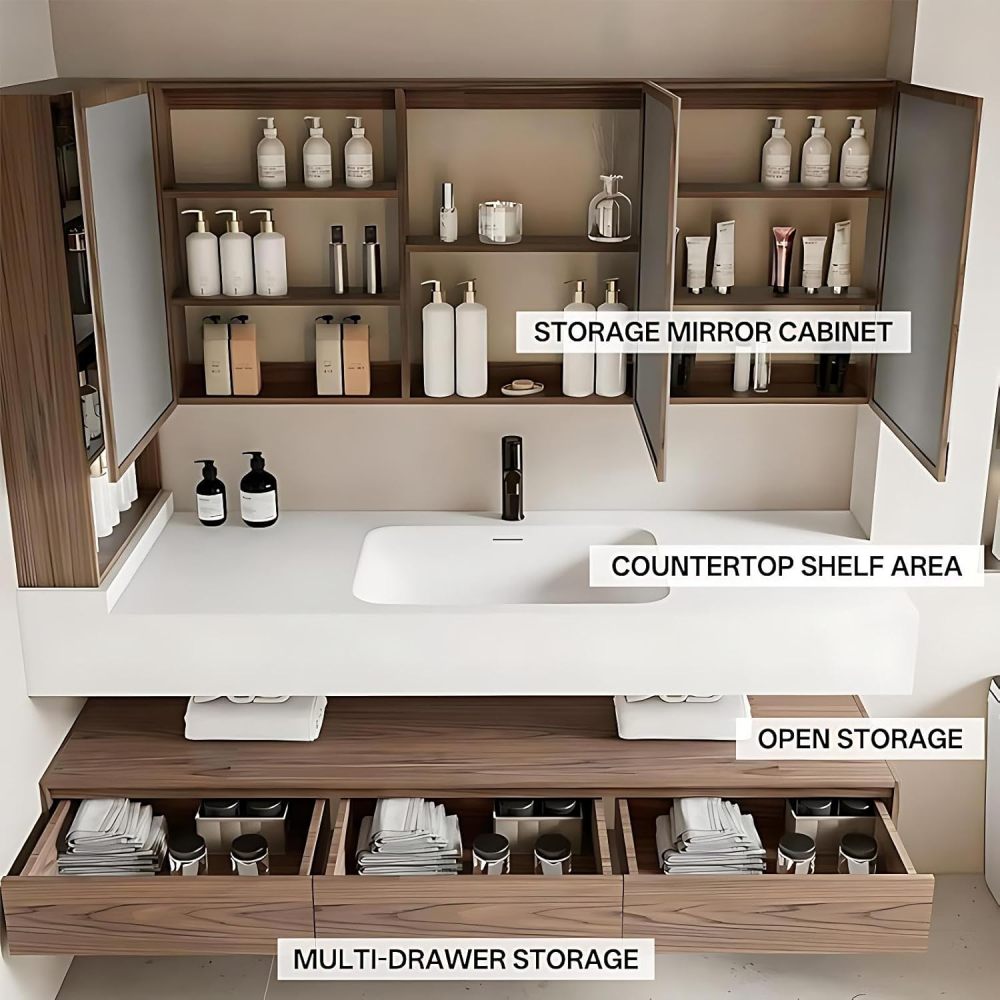 54 inch Bathroom Vanity - Bathroom Vanity with Single Sink, Smart Defogging Mirror Cabinet and Large Countertop, Soft-Close Drawers, Includes Accessories, Fully Assembled, White A