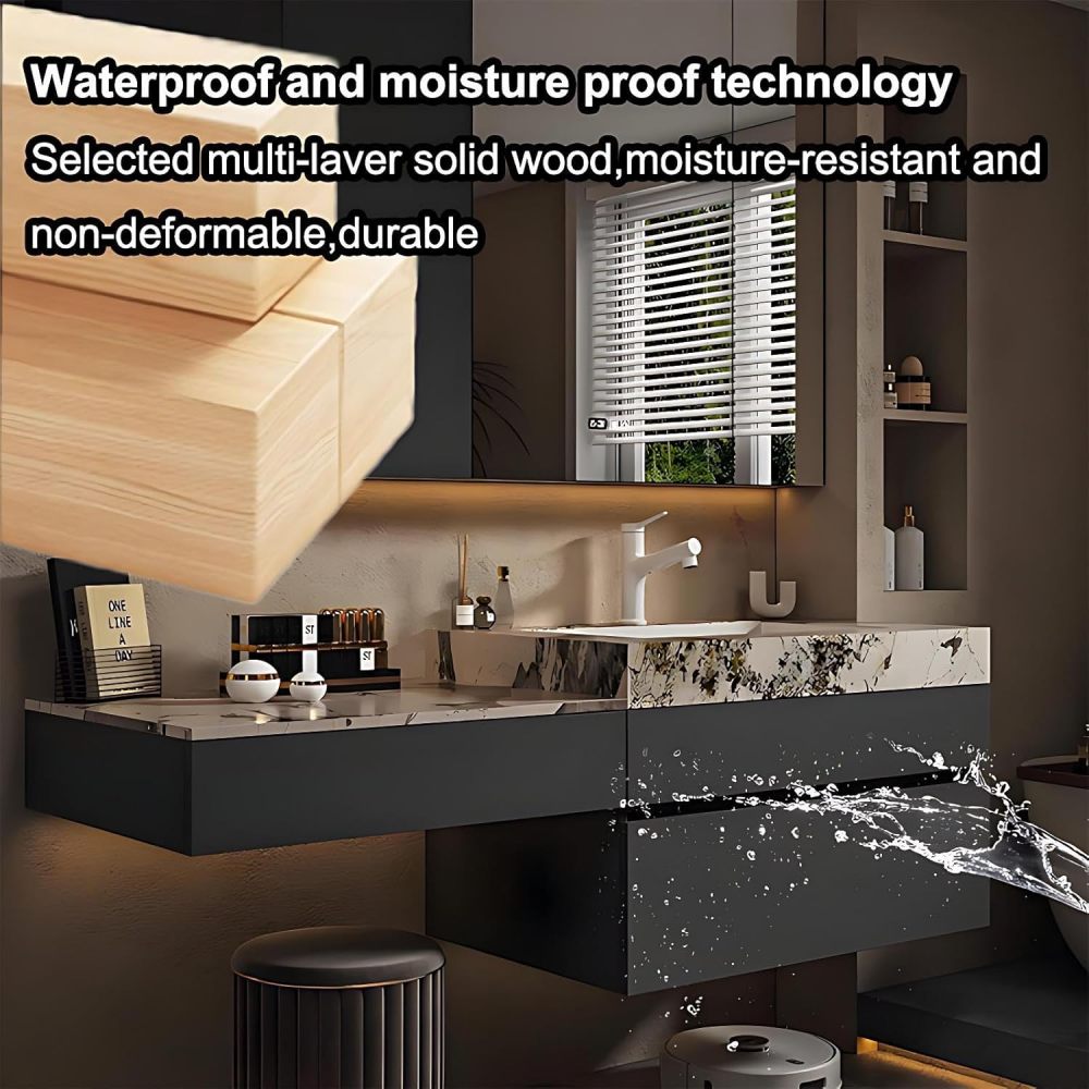 66IN Bathroom Vanity with Sink - Modern Bathroom Vanity with Smart Defog Mirror, Simple Sink Cabinet with 2 Drawers, Includes Makeup Stool, No Assembly Required