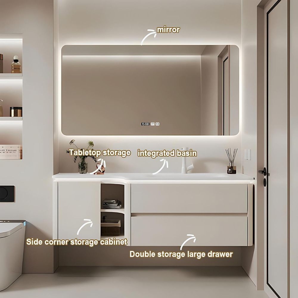 86IN Stylish Bathroom Vanity with Sink - Bathroom Vanity Cabinet with Smart Anti-Fog Mirror, Floating Vanity, Multi-Layer Solid Wood, Customizable Sizes - Complete Accessories Mirror