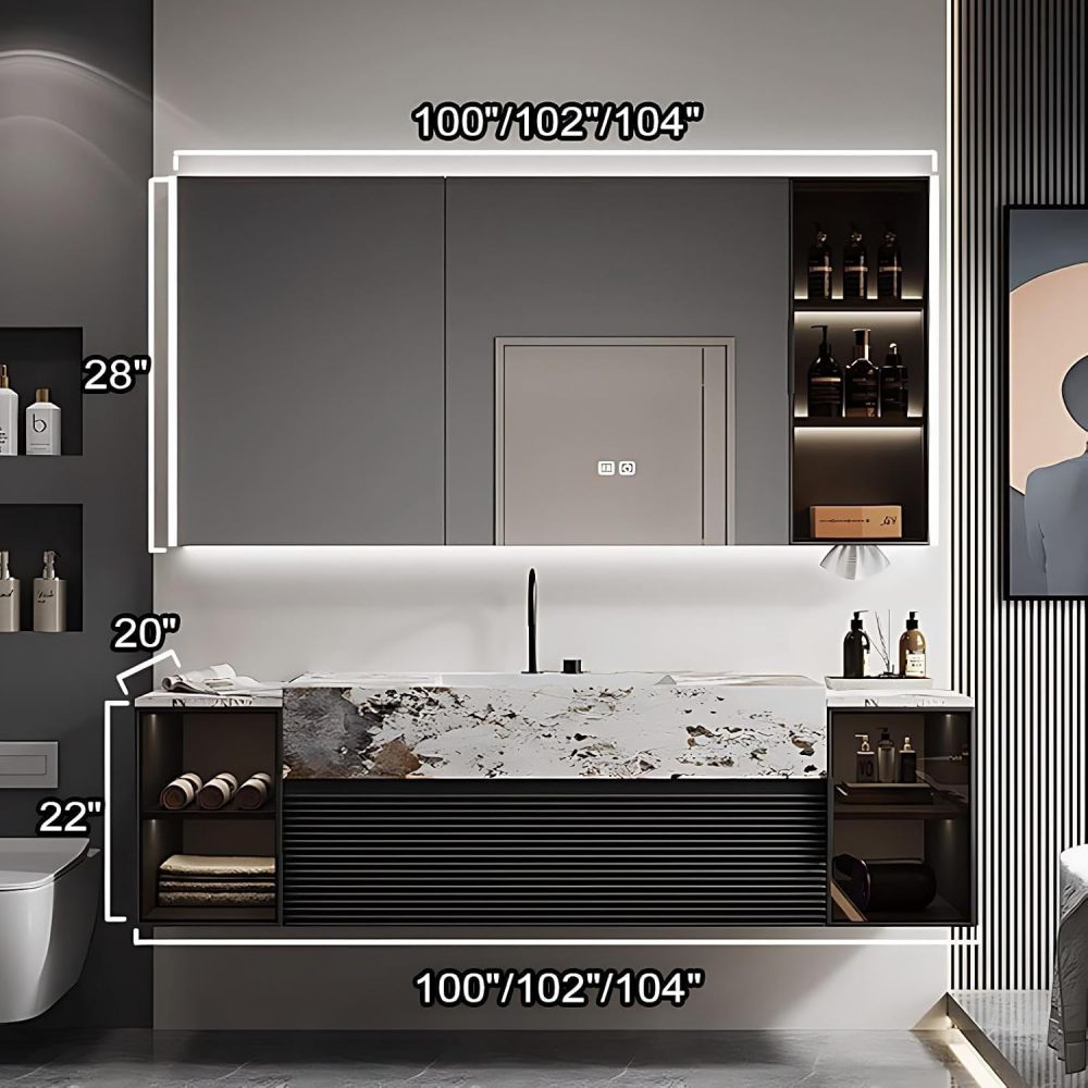102IN Bathroom Vanity - Luxury Bathroom Vanity with Smart Defog Mirror Cabinet, Floating Sink Cabinet with Multiple Storage Areas & Seamless Sink, No Assembly Required