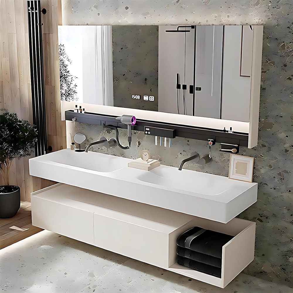 52IN Double Sink Bathroom Vanity - Bathroom Vanities Set Includes One-Piece Basin and Anti-Fog Mirror Cabinet, Multi-Function Shelf, Complete Accessorie, Fully Assembled, White
