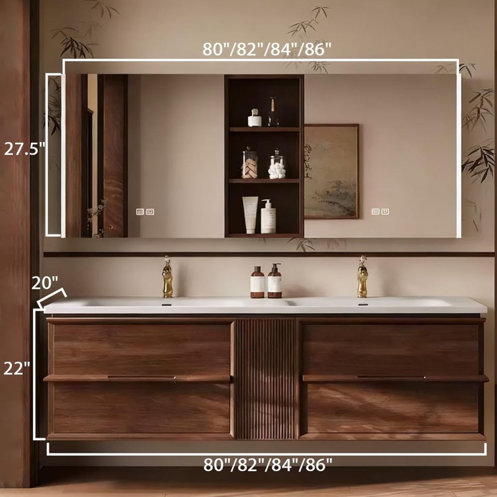 80IN Bathroom Vanity with Sink - Modern Double Floating Sink Design with Smart Defog Mirror, Solid Wood Bathroom Vanity Cabinet, Sizes Customizable - Complete Accessories, Mirror Cabinet