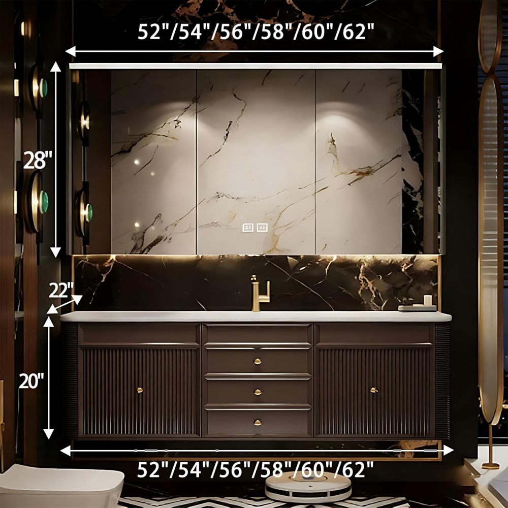 52IN Double Sink Bathroom Vanity - Modern Bathroom Vanity with Sink and Smart Defog Mirror, Solid Wood Bathroom Sink Cabinet with 3 Drawers, No Assembly Required, Khaki