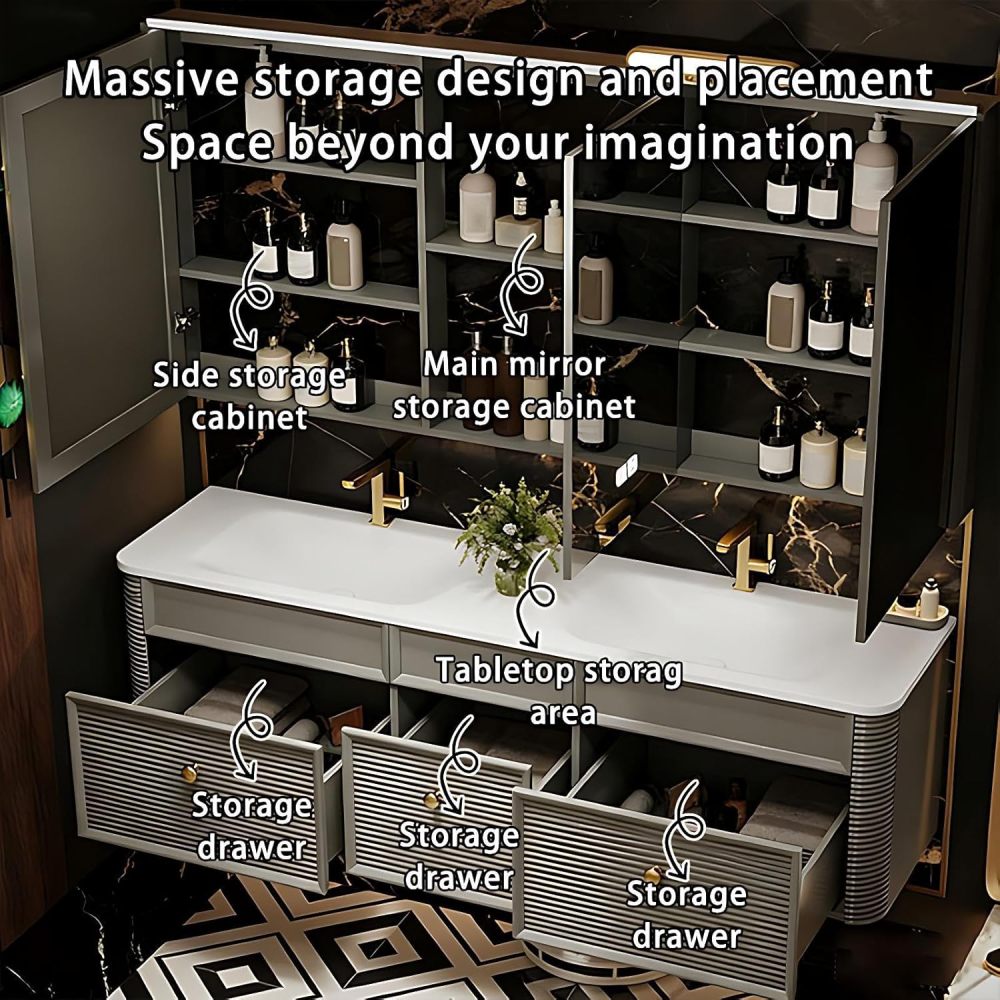 52IN Double Sink Bathroom Vanity - Modern Bathroom Vanity with Sink and Smart Defog Mirror, Solid Wood Bathroom Sink Cabinet with 3 Drawers, No Assembly Required, Khaki