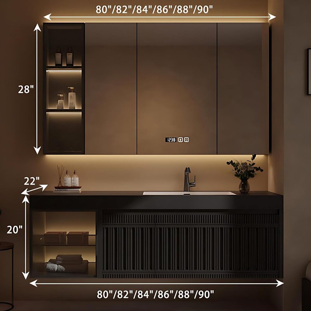 86IN Bathroom Vanity with Sink - Floating Sink Cabinet with Smart Defog Mirror, Modern Bathroom Vanity with Drawers and Cabinet Doors, No Assembly Required, Black-Mirror
