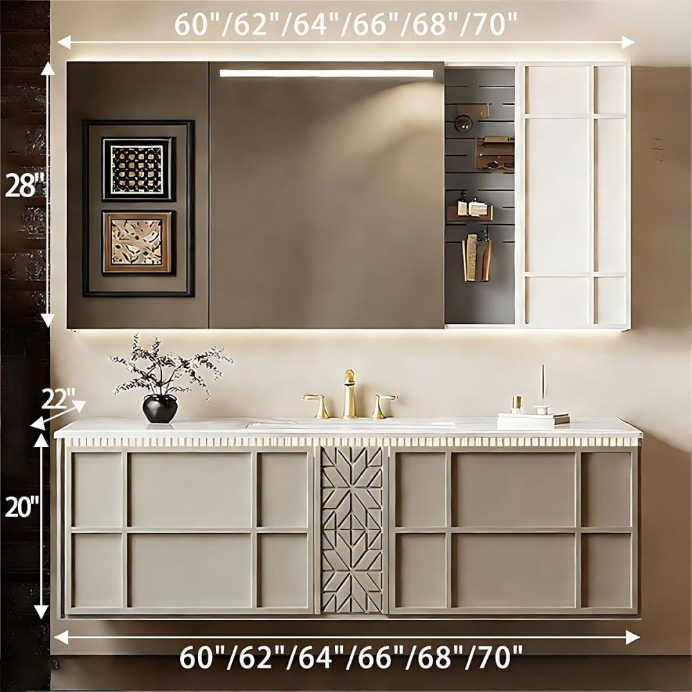 64IN Double Sink Bathroom Vanity - Modern Bathroom Vanity with Smart Defog Mirror, Floating Bathroom Sink Cabinet with Seamless Sink and 2 Drawers, No Assembly Required, Grey