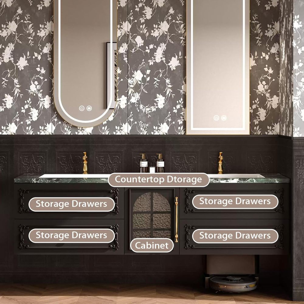 94IN Bathroom Vanity with Sink - Modern Double Bathroom Vanity Cabinet with Smart Defog Mirror, Solid Wood Floating Sink Design, Large Storage Space - Complete Accessories, Double Sink