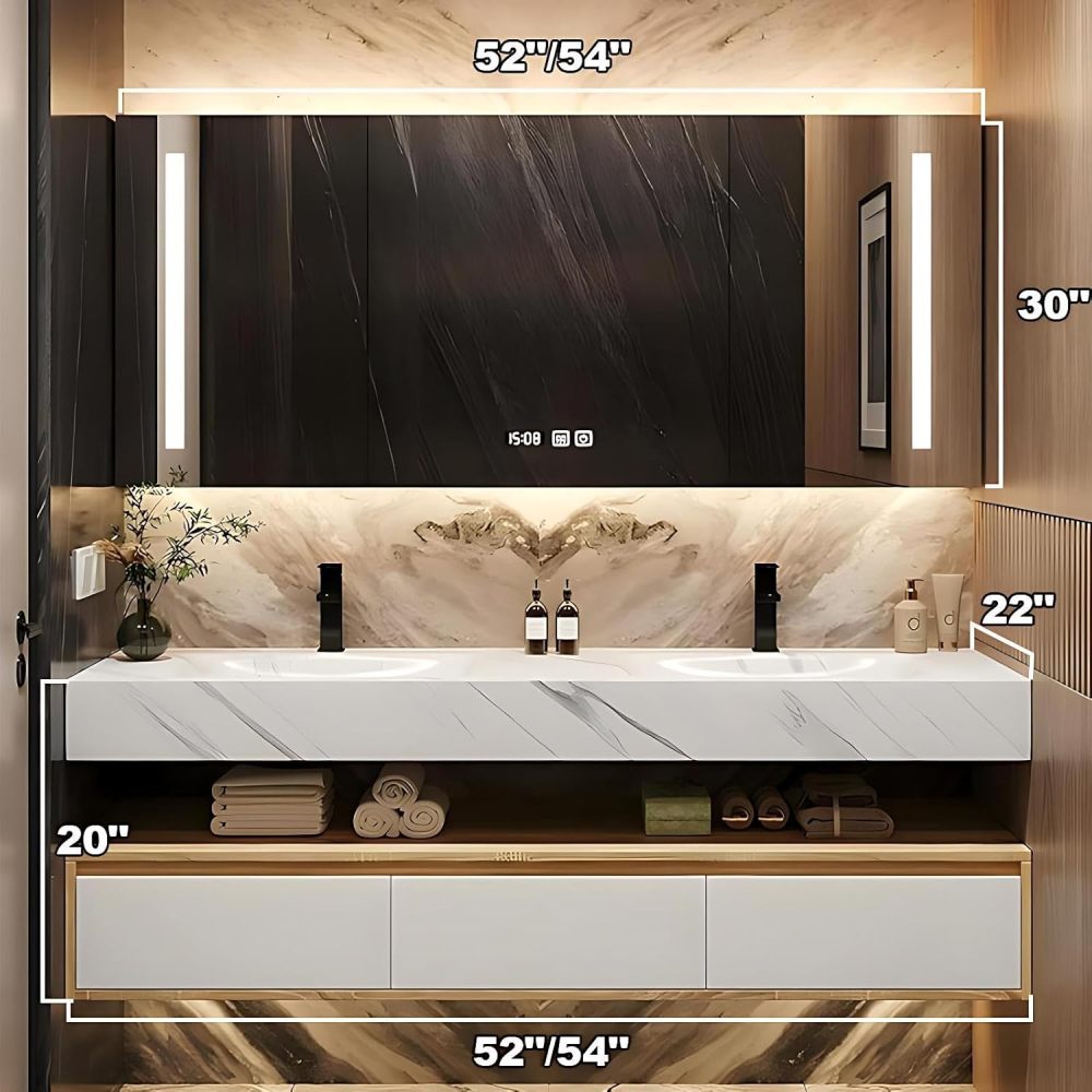 54 inch Double Sink Bathroom Vanity - Modern Bathroom Vanity with LED Smart Anti-Fog Mirror & Open Storage Layer, Drawer & One-Piece Sink, Includes Accessories, Fully Assembled, White