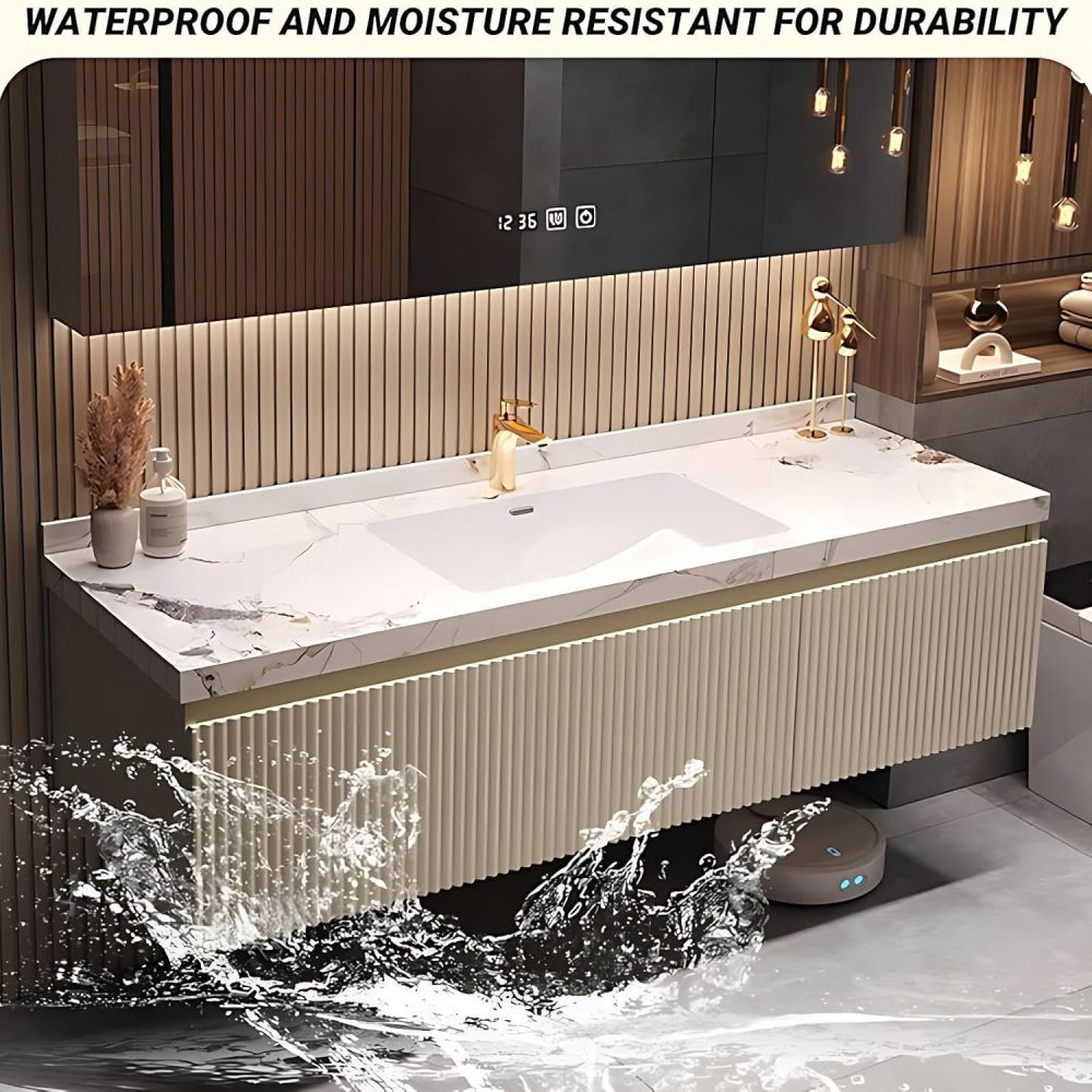52 inch Bathroom Vanity - Single Sink Bathroom Vanity with Smart Defogging Mirror Set, Solid Wood, Sink Cabinet with Storage Drawer, Striped Design, Includes Accessories, Style B