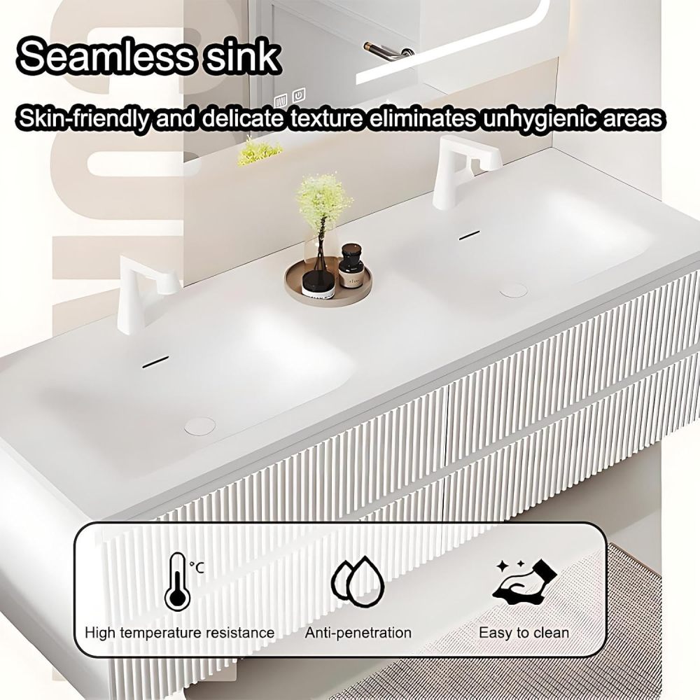 84IN Double Sink Bathroom Vanity - Modern Bathroom Vanity with Smart Defogging Mirror, Simple Sink Cabinet with 4 Drawers & Seamless Sink, No Assembly Required