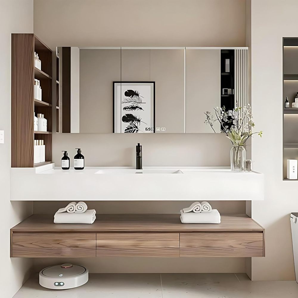 54 inch Bathroom Vanity - Bathroom Vanity with Single Sink, Smart Defogging Mirror Cabinet and Large Countertop, Soft-Close Drawers, Includes Accessories, Fully Assembled, White A