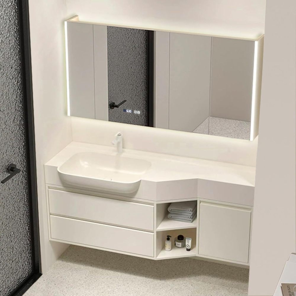 36IN Modern Bathroom Vanity with Sink - Solid Wood Bathroom Vanity Cabinet with Smart Defog Mirror, Silent Drawer, Single Wall-Mounted Floating Sink Design, Customized Size, White