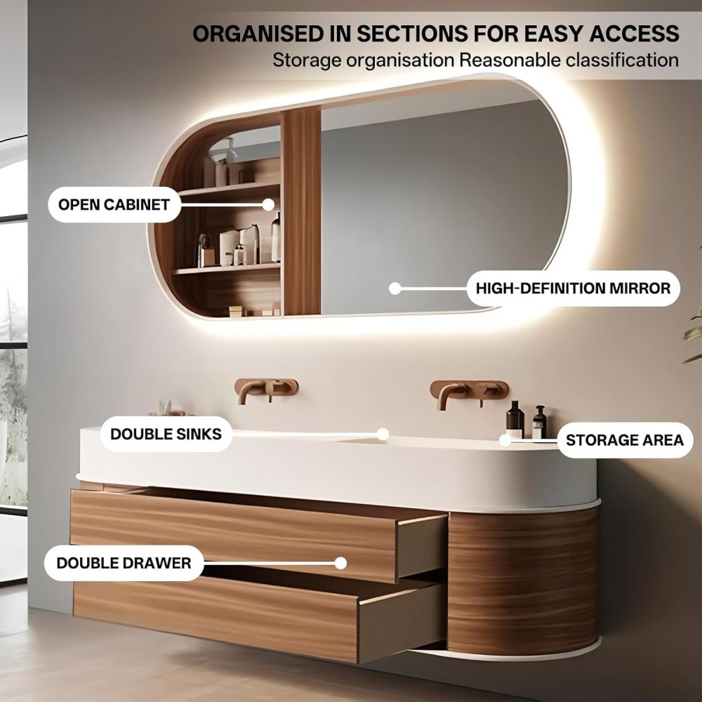 72 inch Double Sink Bathroom Vanity - Bathroom Vanity Set with LED Defogging Mirror, Floating Sink Cabinet and Modern Sensor Light, Soft Closing Drawers, Includes Accessories, Walnut