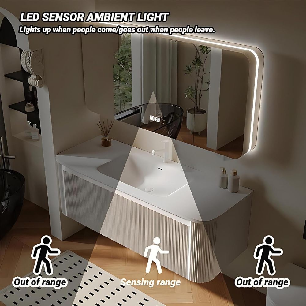 54 inch Bathroom Vanity with Sink - Solid Wood Bathroom Sink Cabinet with Large Countertop and Sensor Light, Smart Defogging Mirror Cabinet, Includes Accessories, Fully Assembled, White