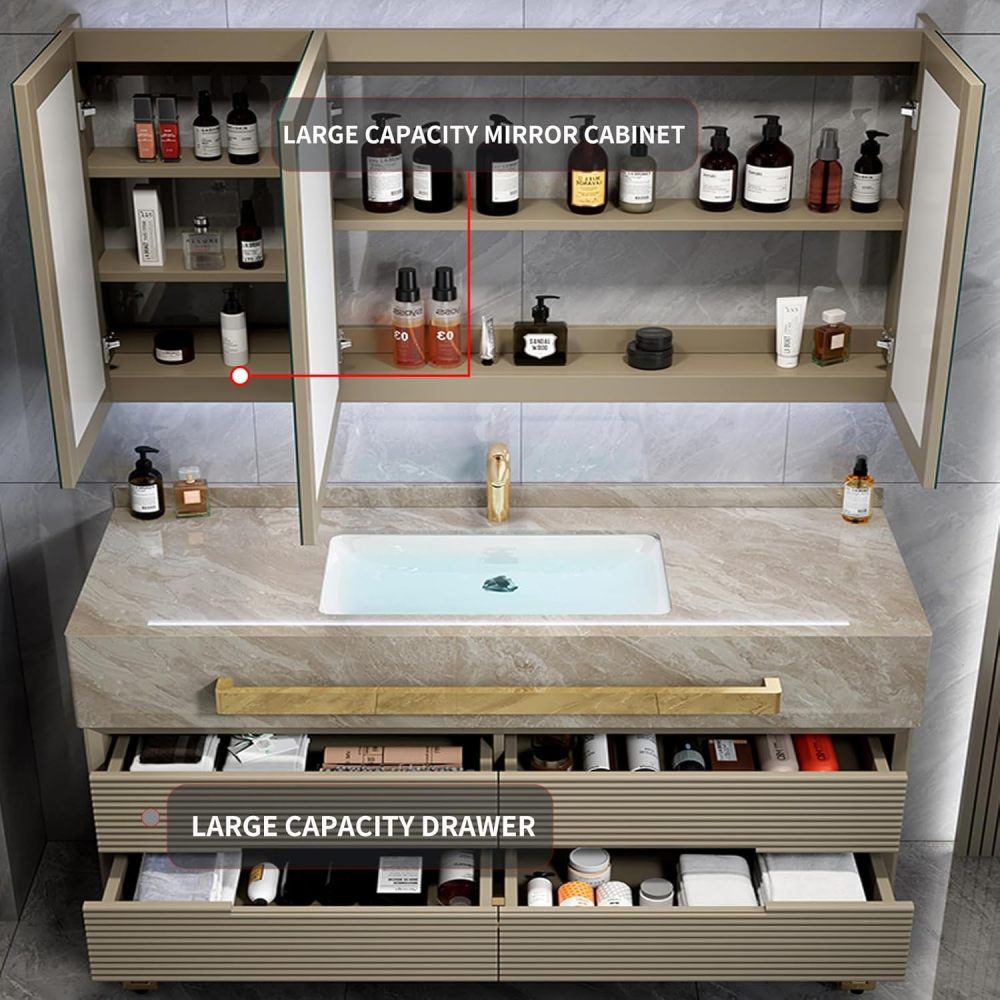 Bathroom Vanity with Sink - Modern Single/Double Sink Bathroom Vanity Cabinet & Smart Defogger Mirror Cabinet Set, Multi-Layer Solid Wood Material | Floor-Mounted Installation (Single Sink,36")