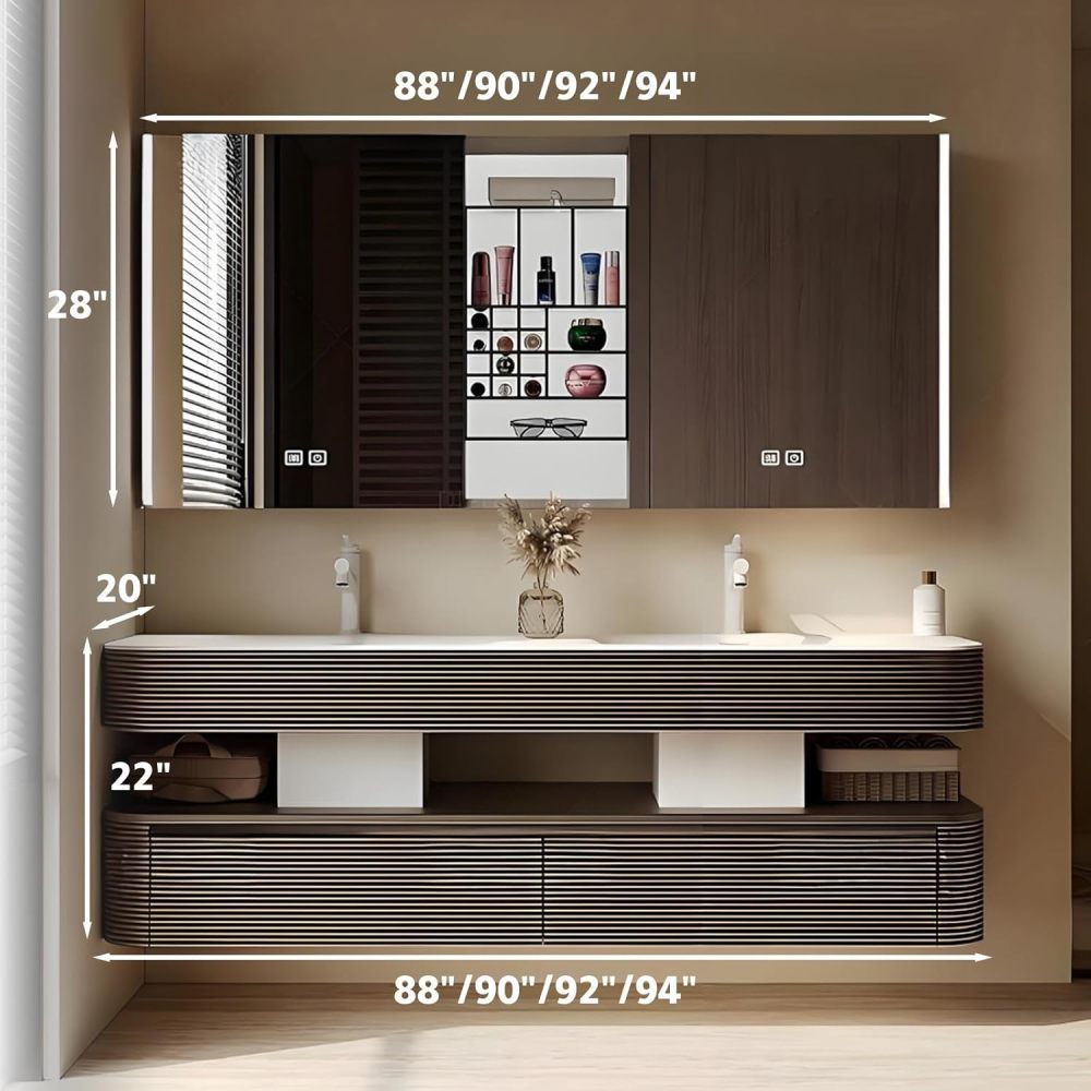 90IN Modern Solid Wood Bathroom Vanity with Sink - Stylish Wall-Mounted Vanity Cabinet with Smart Anti-Fog Mirror, Integrated Stone Sink, Ample Storage & Customizable Size, Brown