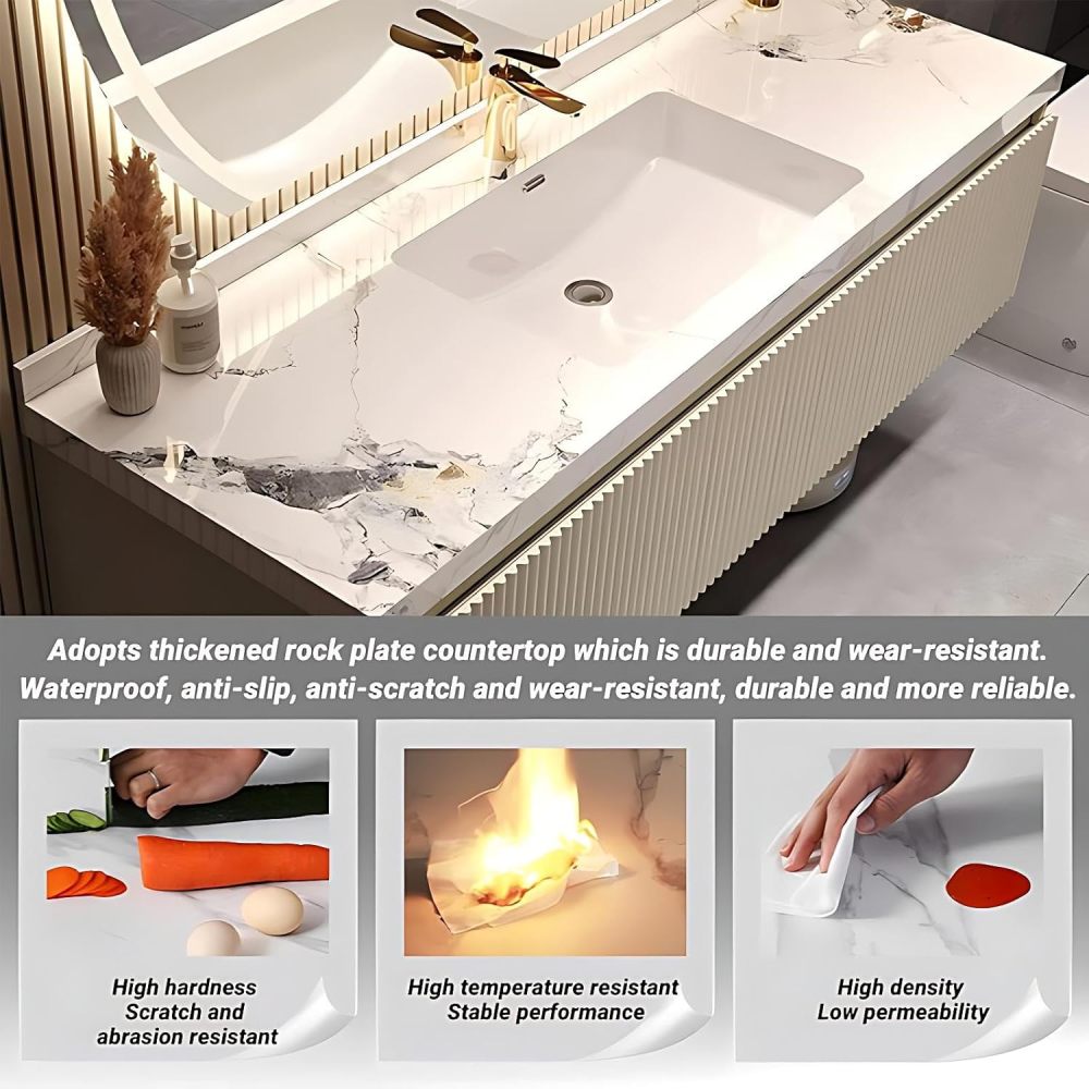 52 inch Bathroom Vanity - Single Sink Bathroom Vanity with Smart Defogging Mirror Set, Solid Wood, Sink Cabinet with Storage Drawer, Striped Design, Includes Accessories, Style B