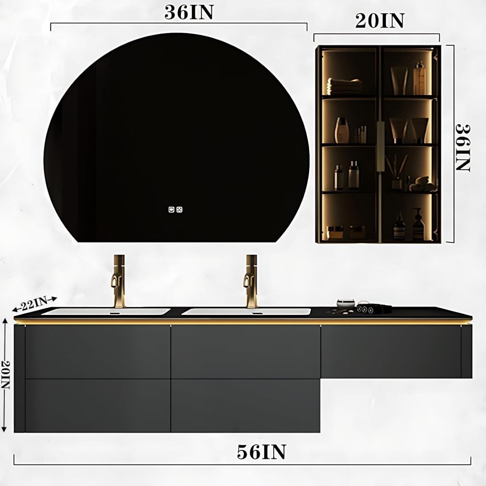 Bathroom Vanity with Sink - Double Sink Bathroom Vanity Cabinet Set, Modern Floating Vanity & LED Demister Mirror, Wall Mounted, with Faucet Accessories (56",Dark Green)