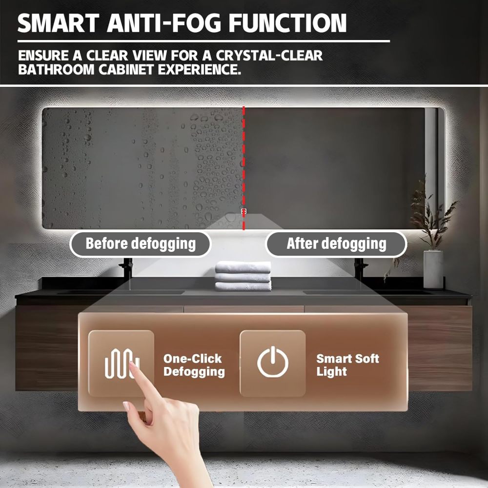 90IN Modern Bathroom Vanity with Sink - Double Floating Sink Design, Bathroom Vanity Cabinet with Smart Defogging Mirror & Storage Drawers, Solid Wood - Customizable Size, Brown